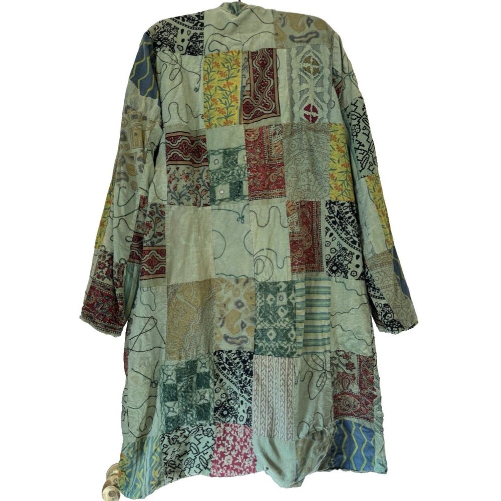 Patchwork kantha quilt kimono Jacket Green Embroidered Boho Art to Wear Hippie - Picture 2 of 16